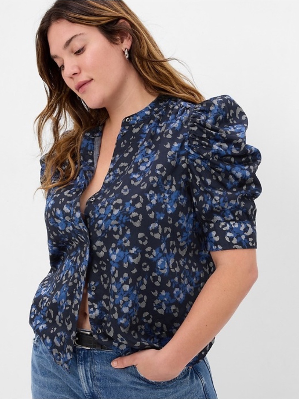 Blue Animal Print Puff-Sleeve Button Front